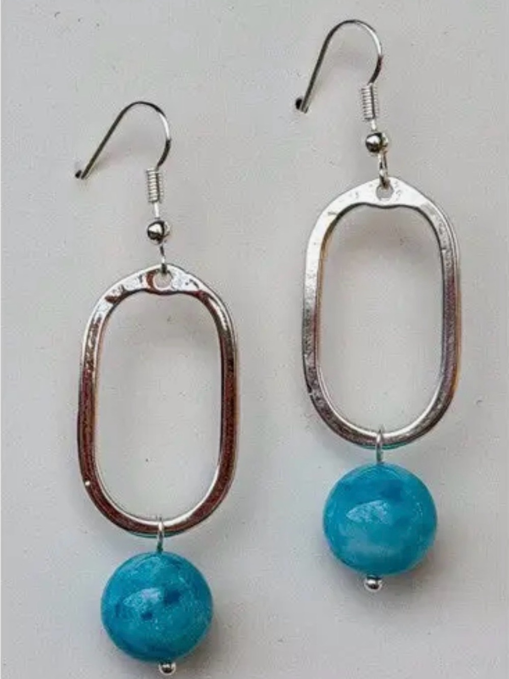 Mila Silver Oval Drop Earrings with Turquoise Blue Beads